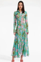 Vira Green Printed Single Breasted Maxi Dress