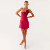 3d Flower-appliques One Shoulder Backless Mini Dress