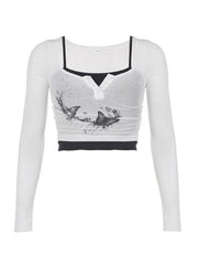 Butterfly Print Square Neck Ruched Crop Long Sleeve Knit