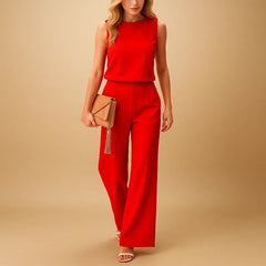 Women’s Wide Leg Jumpsuit – Round Neck Mid-Waist Fit for Elegant Styling