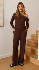 Harini Off Shoulder Long Sleeve Top and Pants Set - Chocolate