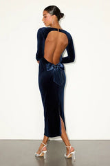 Verity Navy Velvet Backless Long Sleeve Midi Dress