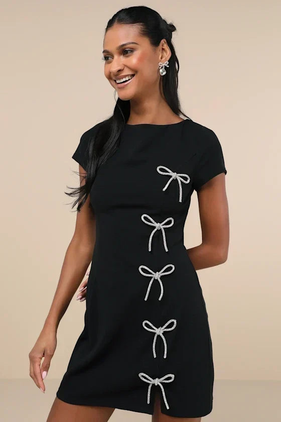 Endearing Sparkle Black Rhinestone Bow Mini Dress