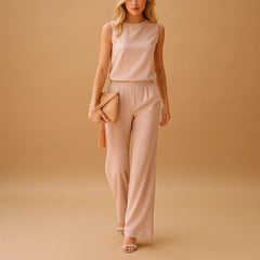 Women’s Wide Leg Jumpsuit – Round Neck Mid-Waist Fit for Elegant Styling