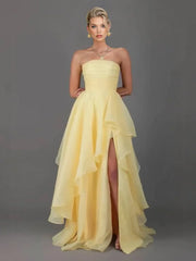 Tube Top Front Slit Multi-layer Maxi Dress