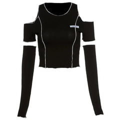 Long sleeve off shoulder patchwork ribbed top