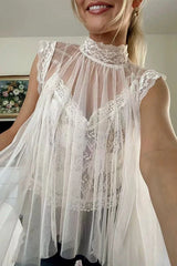 Solid Mockneck Tulle Cover Up Top with Crop Lace Camisole