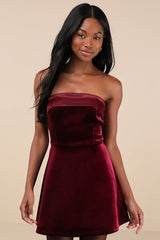Captivating Admiration Burgundy Velvet Strapless Mini Dress