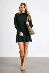 Adorable Intentions Emerald Mock Neck A-Line Mini Sweater Dress
