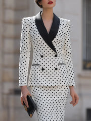 Polka Dot Double-Breasted Blazer & Pencil Skirt Set