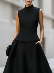 Sleeveless Mock Neck Top And A-Line Midi Skirt Set