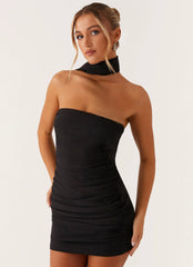 Ruched Strapless Bodycon Mini Dress with Scarf– Sleek Bodycon Silhouette